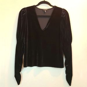 Express Velour V-Neck Puffed Rouched Sleeves Top